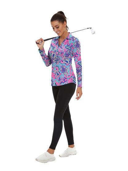 Ladies Long Sleeve Golf Polo- ⛳️SO® Purple Retro Print Golf Polo Shirts Three Quarters Long Sleeve V Neck Button Down Shirts Business Causal Work Blouses Tops