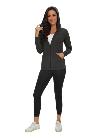 Dark Grey Full-zip Hooded Jacket with Pockets for Women