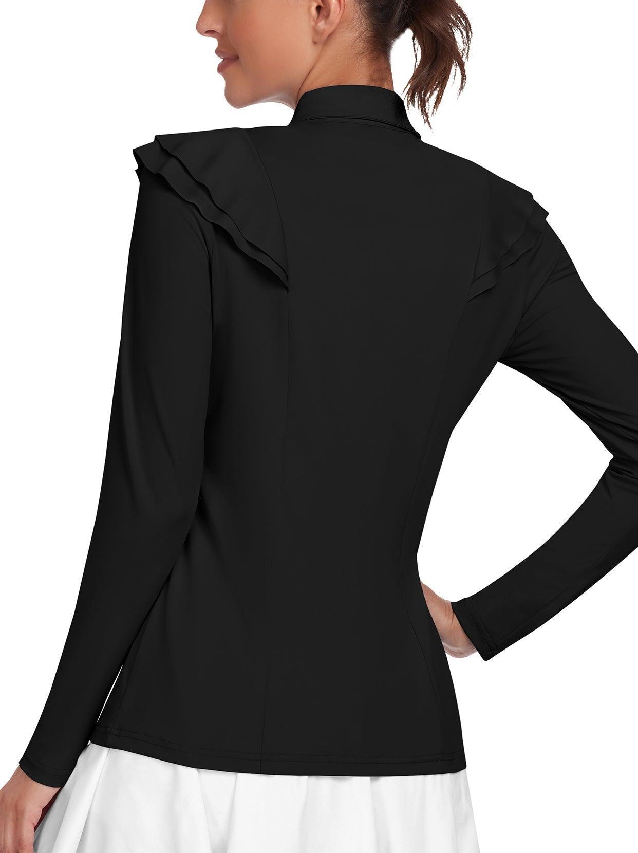 Solid Black Ruffle Trim Button Long-sleeve Golf Polo for Women