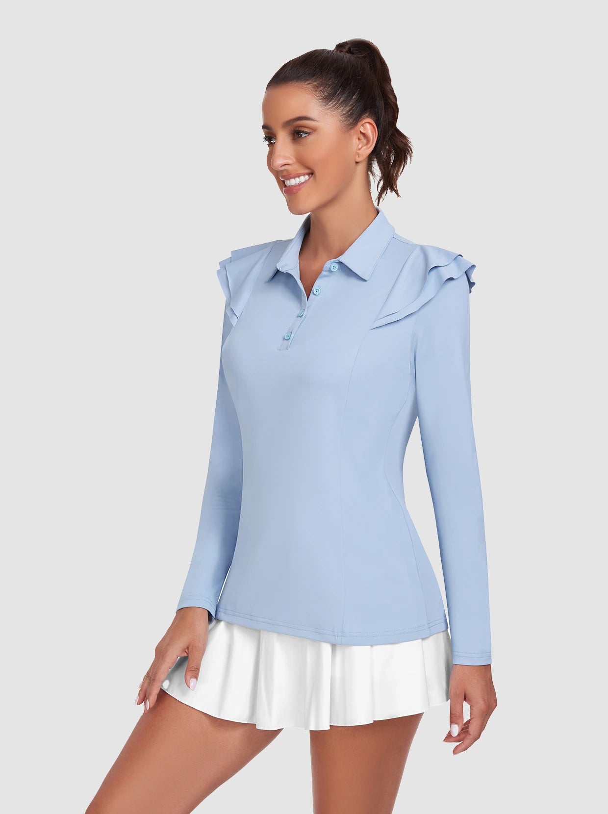 Light Blue Ruffle Button Long-sleeve Golf Polo for Women