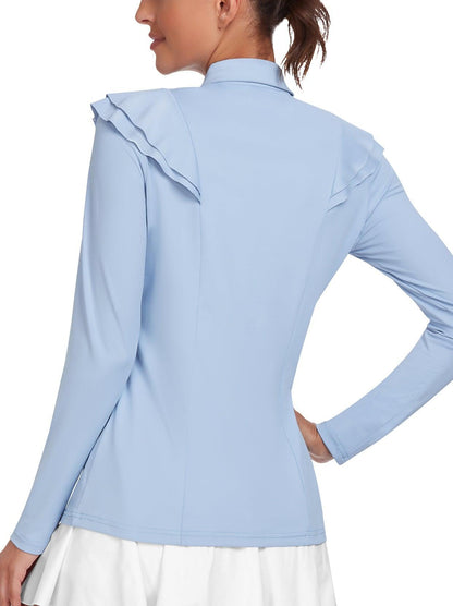 Solid Light Blue Ruffle Trim Button Long-sleeve Golf Polo for Women