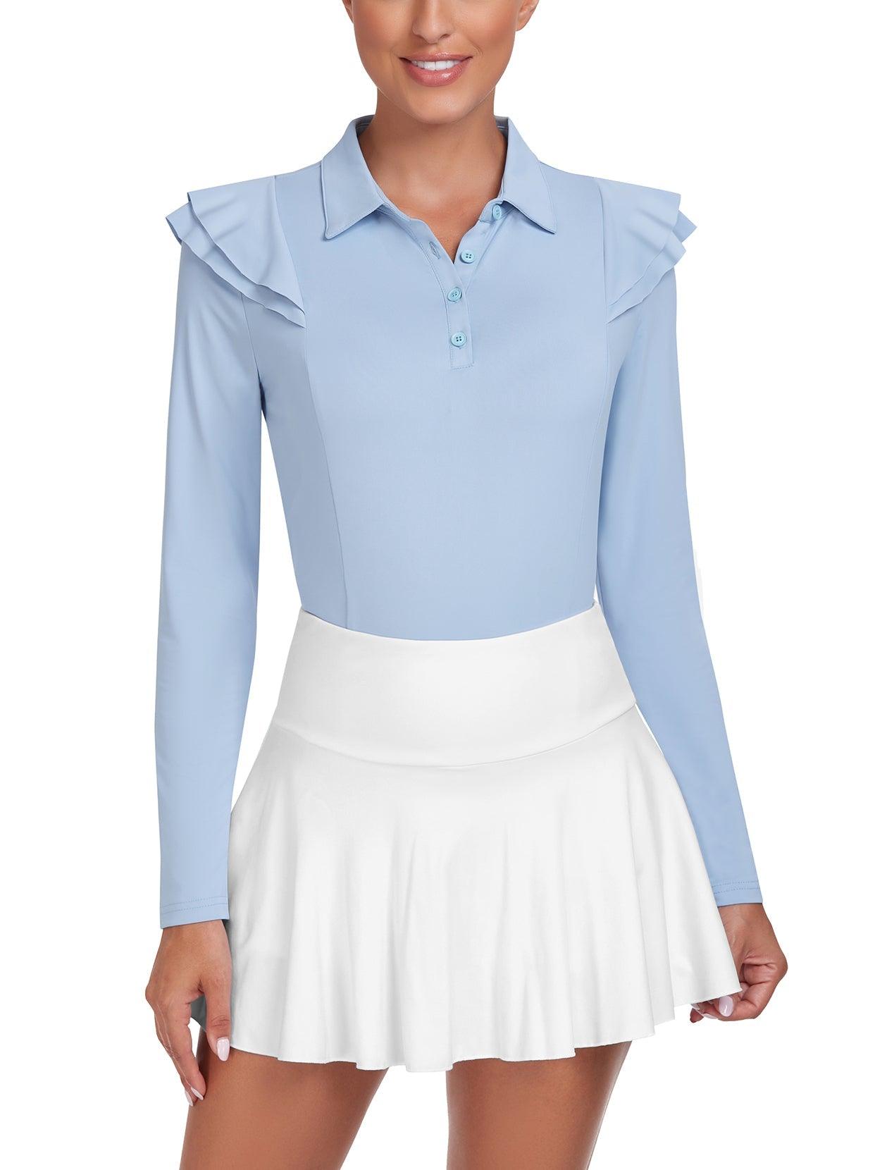 Solid Light Blue Ruffle Trim Button Long-sleeve Golf Polo for Women