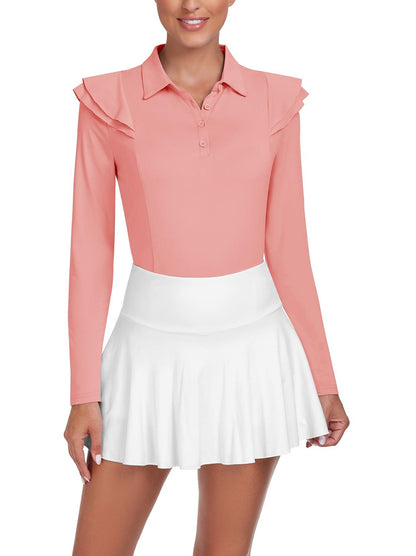 Women Long Sleeve Golf Polo- ⛳️SO® Light Pink Ruffle Trim Button Moisture Wicking Quick Dry Athletic Workout Striped Tops