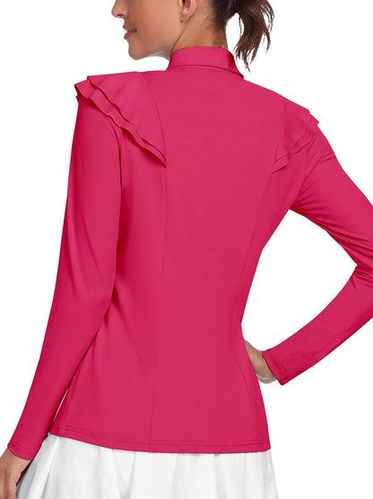 Hot Pink Ruffle Trim Button Long-sleeve Golf Polo for Women