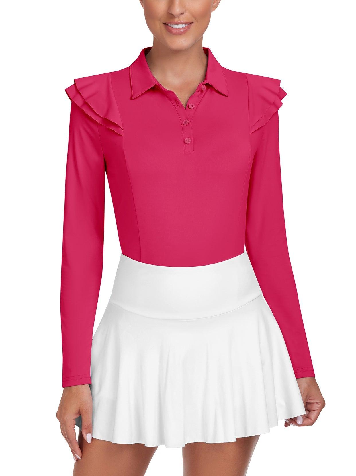 Hot Pink Ruffle Trim Button Long-sleeve Golf Polo for Women