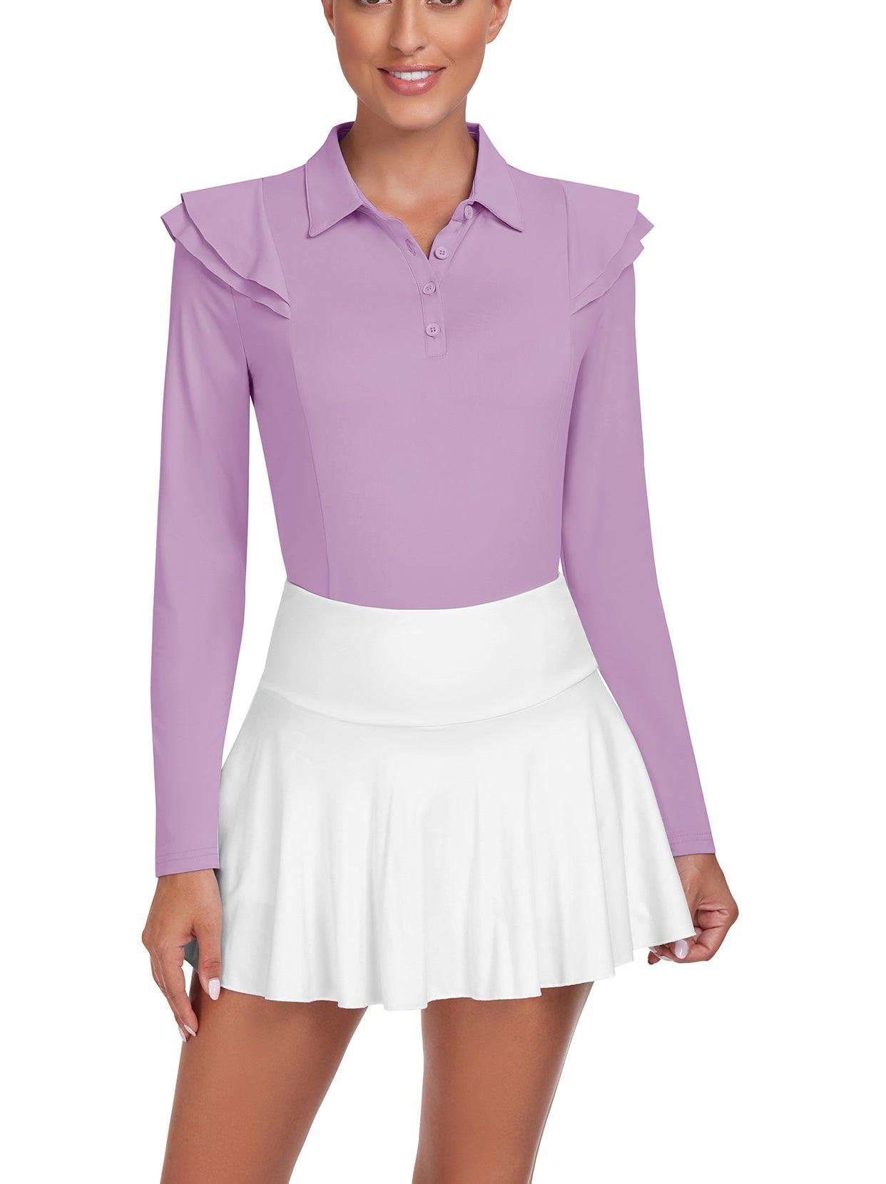 Women Long Sleeve Golf Polo- ⛳️SO® Purple Ruffle Trim Button Moisture Wicking Quick Dry Athletic Workout Striped Tops