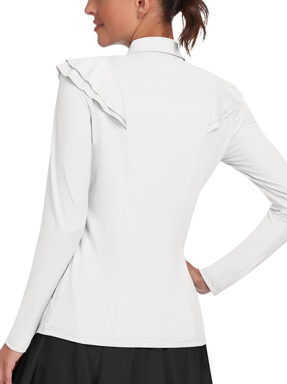 Solid White Ruffle Trim Button Long-sleeve Golf Polo for Women