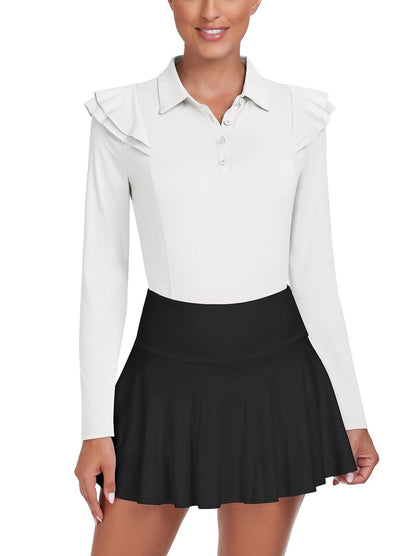 Solid White Ruffle Trim Button Long-sleeve Golf Polo for Women