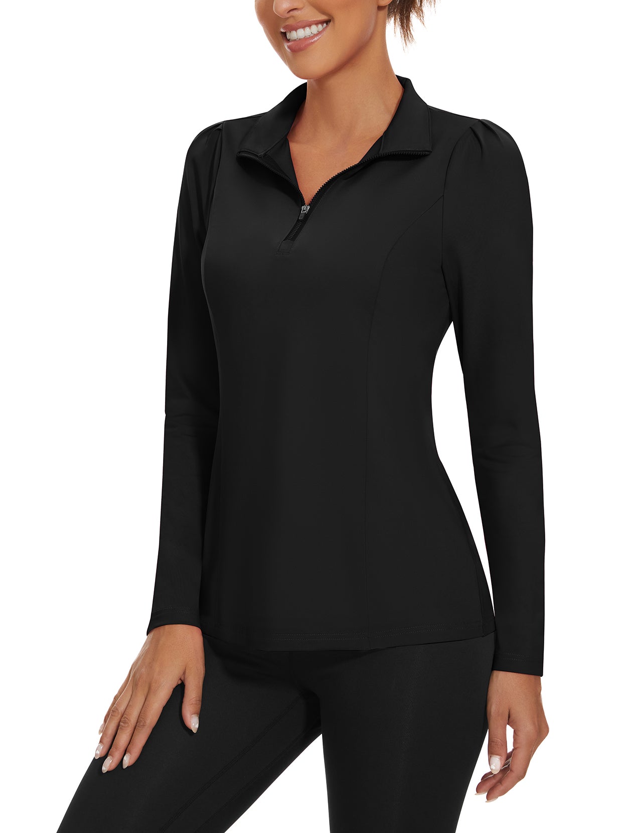 Ladies Long Sleeve Golf Polo- ⛳️SO® Black Long Sleeve Golf Polo Shirts Zip Up Moisture Wicking Cute Puff Sleeve Athletic Casual Work Tops