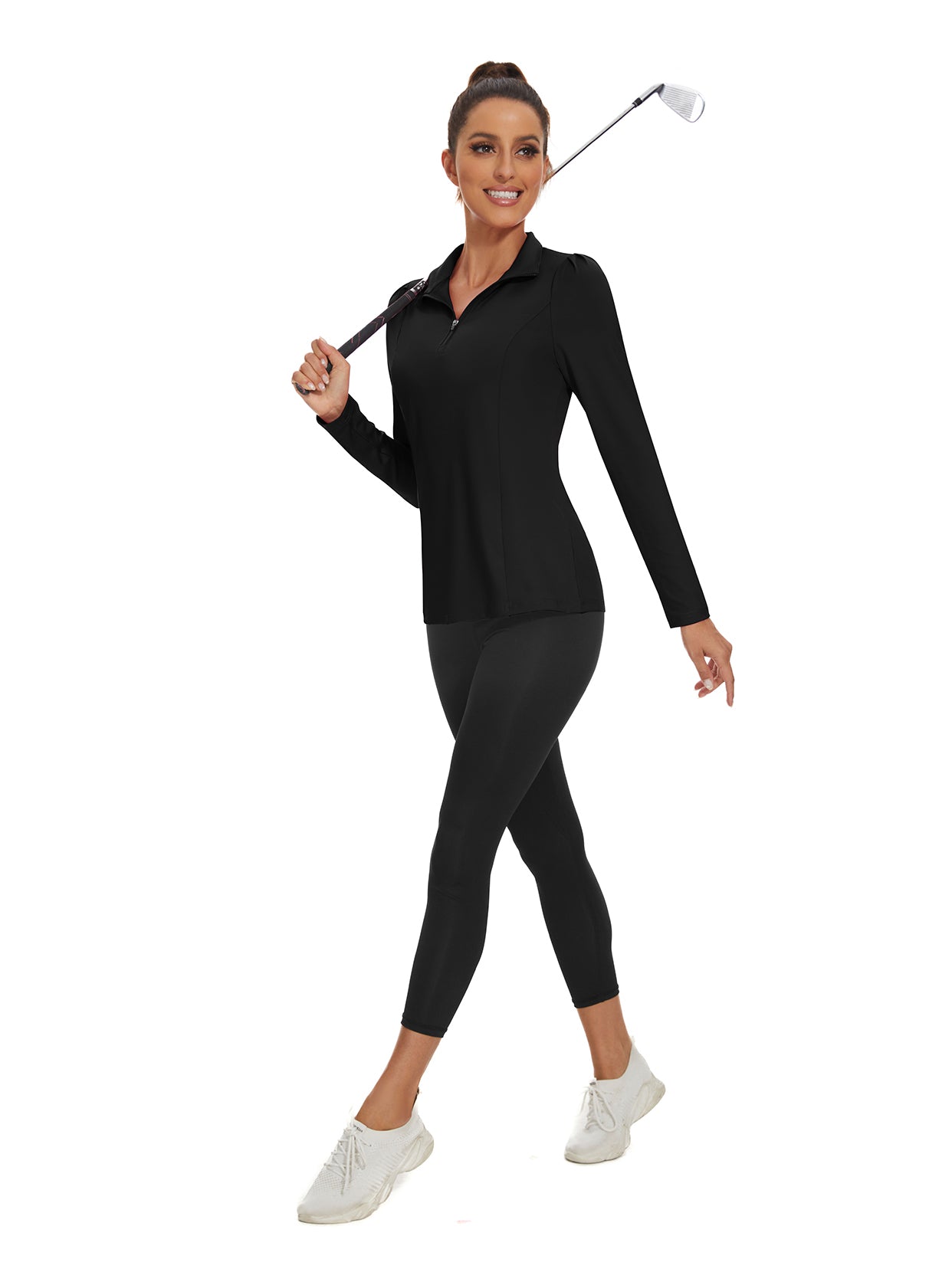 Ladies Long Sleeve Golf Polo- ⛳️SO® Black Long Sleeve Golf Polo Shirts Zip Up Moisture Wicking Cute Puff Sleeve Athletic Casual Work Tops