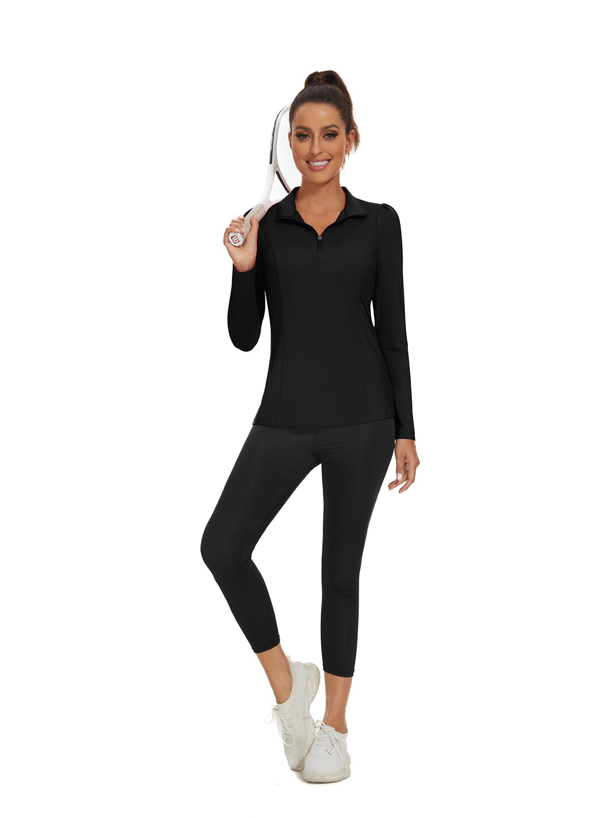 Ladies Long Sleeve Golf Polo- ⛳️SO® Black Long Sleeve Golf Polo Shirts Zip Up Moisture Wicking Cute Puff Sleeve Athletic Casual Work Tops