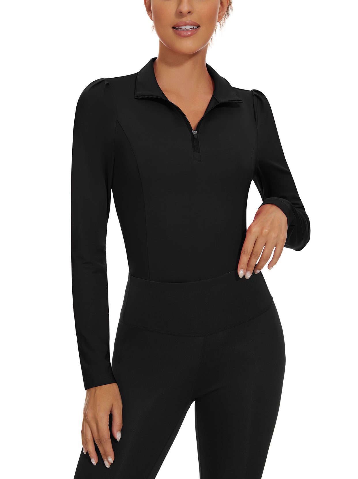 Ladies Long Sleeve Golf Polo- ⛳️SO® Black Long Sleeve Golf Polo Shirts Zip Up Moisture Wicking Cute Puff Sleeve Athletic Casual Work Tops