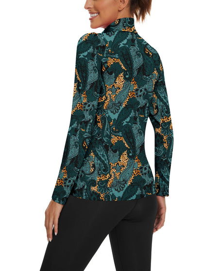 Green Paisley Quarter-zip Long-sleeve Golf Shirt for Women