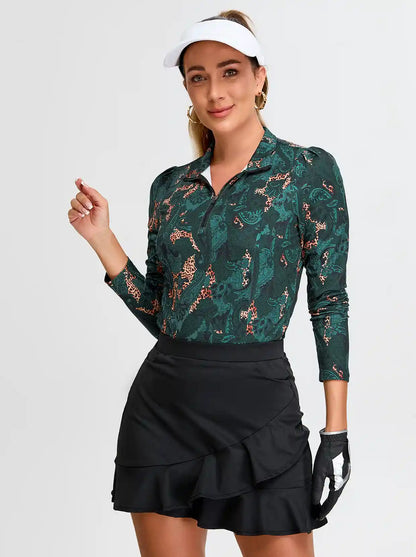 Green Paisley Quarter-zip Long-sleeve Shirt for Women