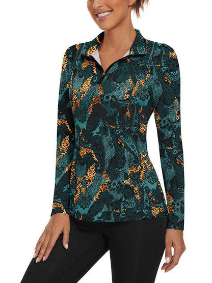 Green Paisley Quarter-zip Long-sleeve Golf Shirt for Women