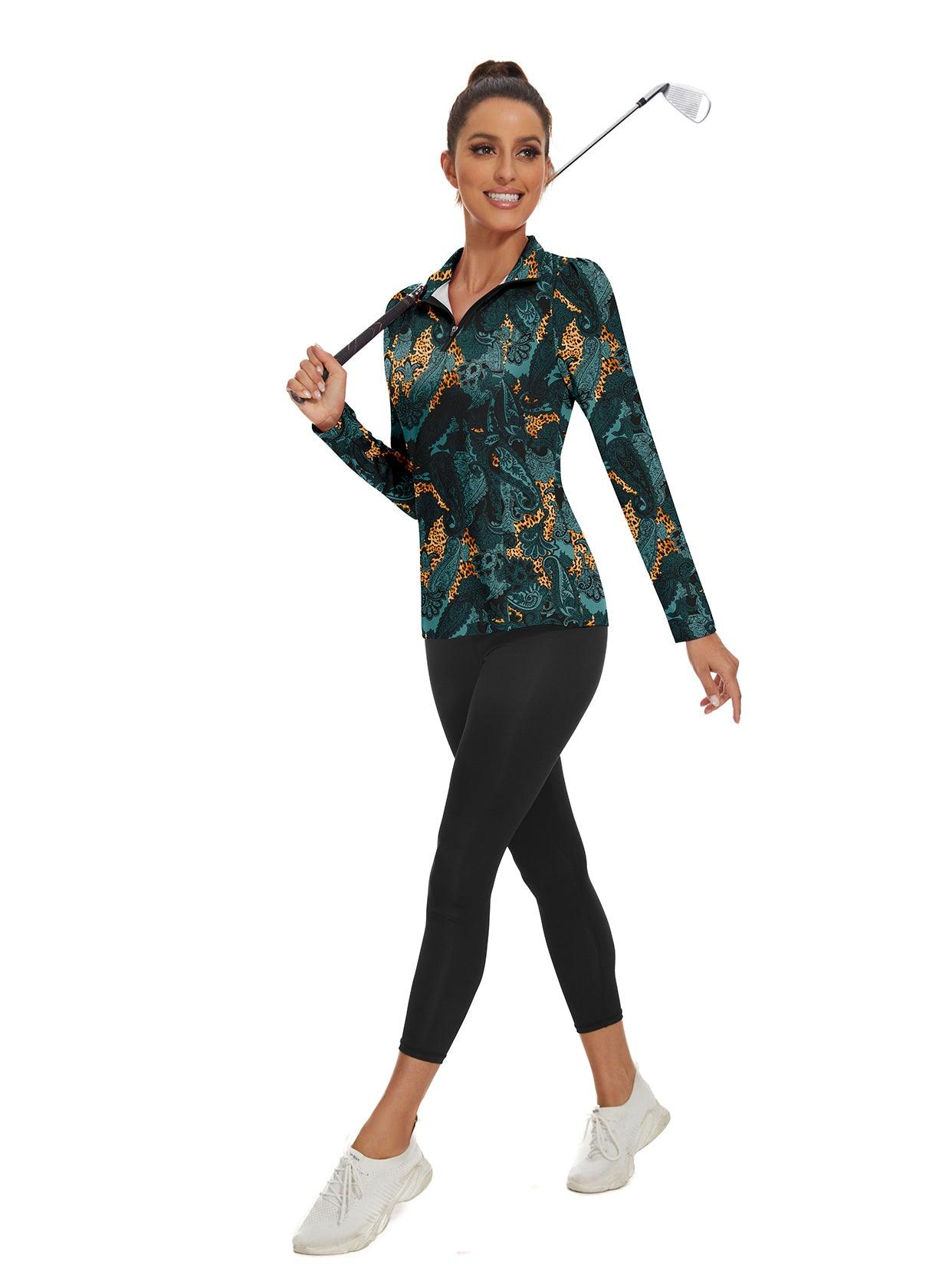 Green Paisley Quarter-zip Long-sleeve Golf Shirt for Women