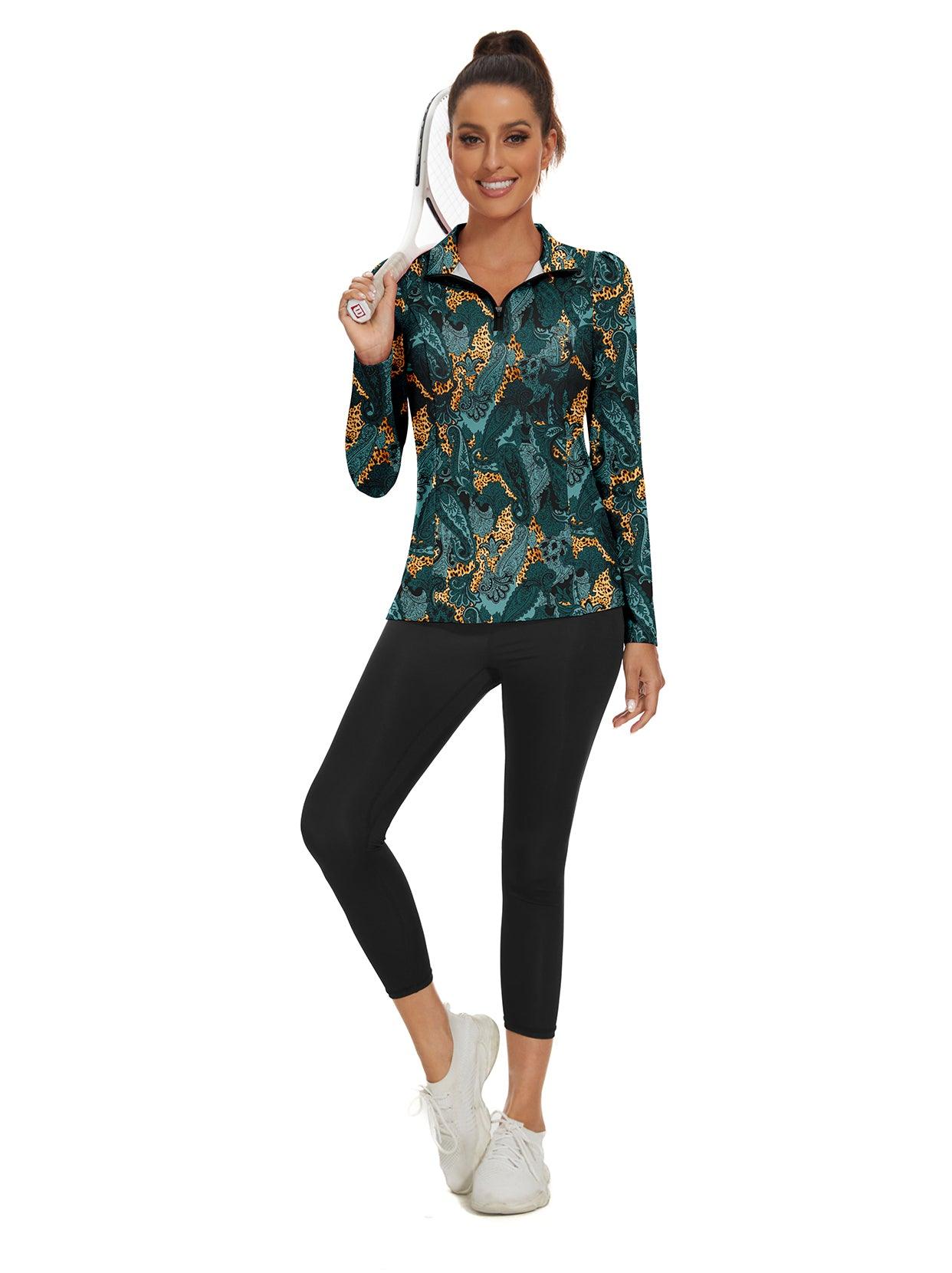 Green Paisley Quarter-zip Long-sleeve Golf Shirt for Women