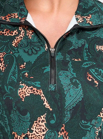 Green Paisley Quarter-zip Long-sleeve Shirt for Women