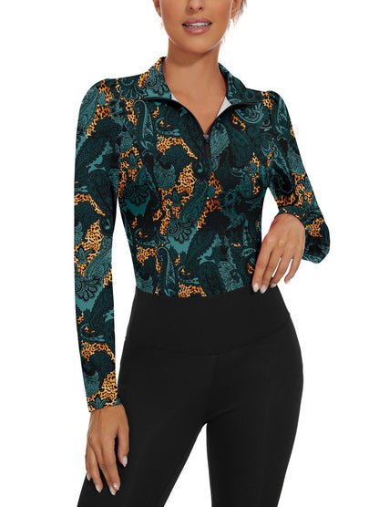 Green Paisley Quarter-zip Long-sleeve Golf Shirt for Women