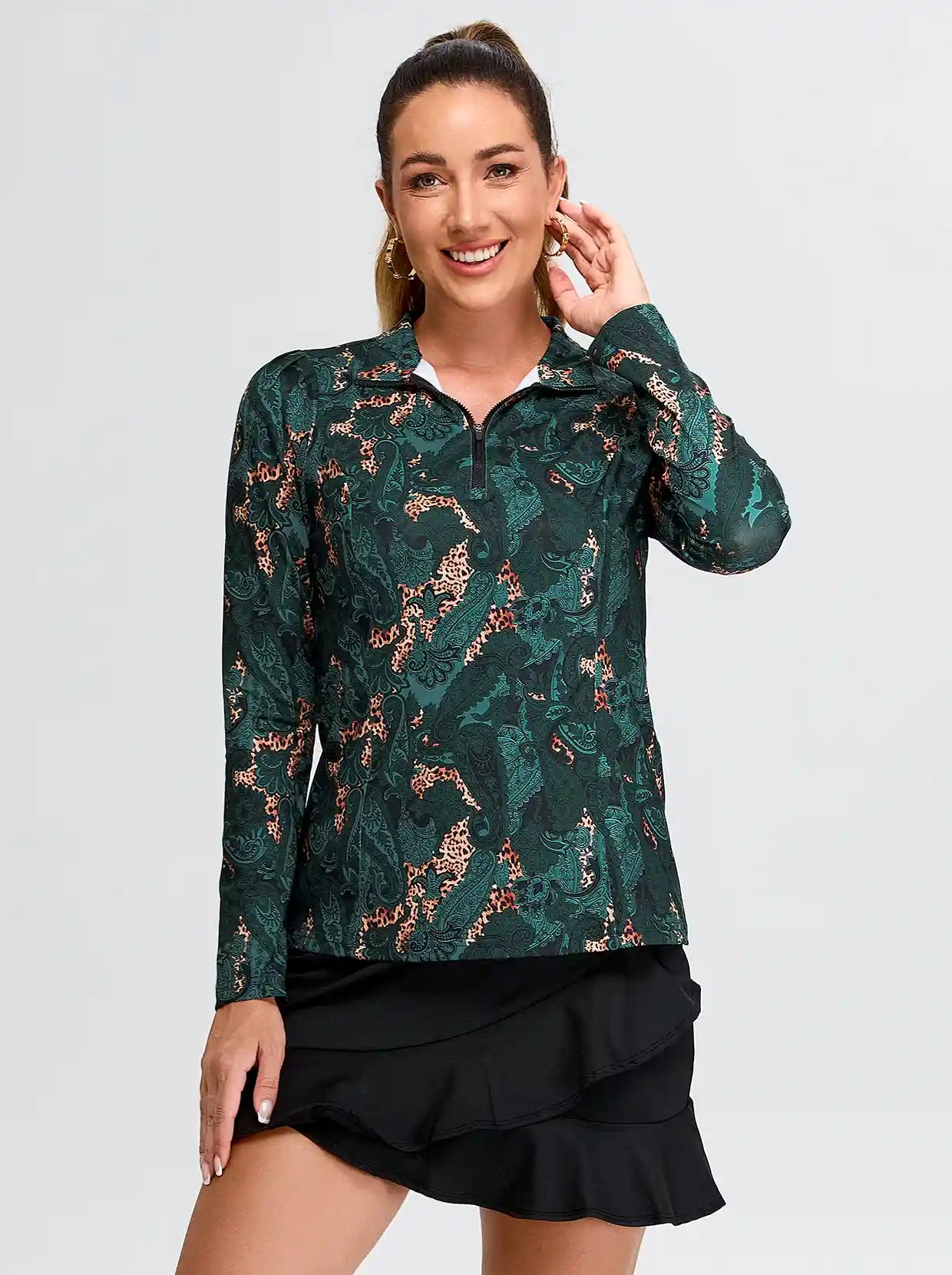 Green Paisley Quarter-zip Long-sleeve Shirt for Women