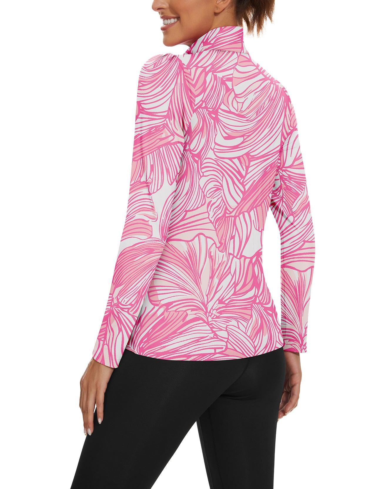 Pink Flowers Quarter-zip Long-sleeve Golf Shirt for Women