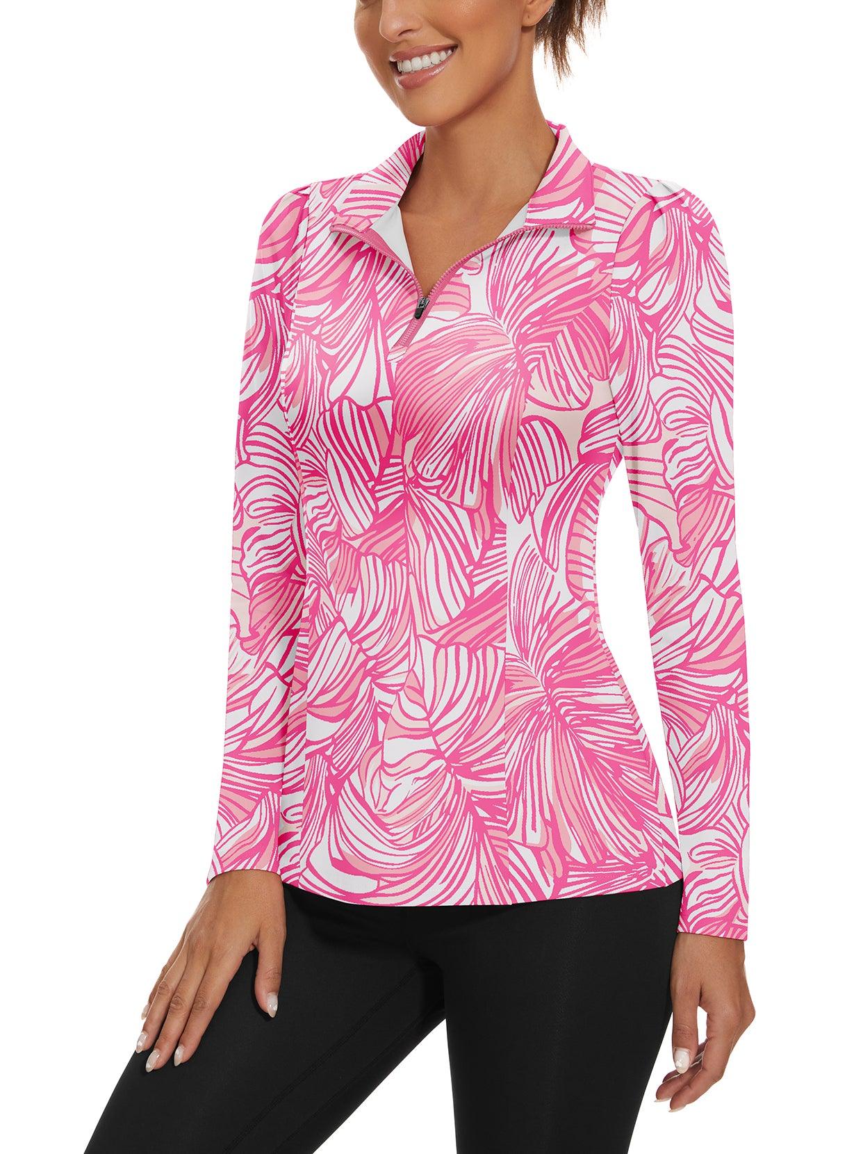 Pink Flowers Quarter-zip Long-sleeve Golf Shirt for Women