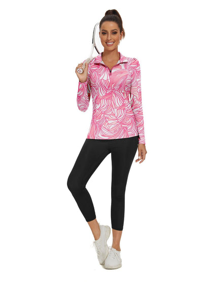 Pink Flowers Quarter-zip Long-sleeve Golf Shirt for Women