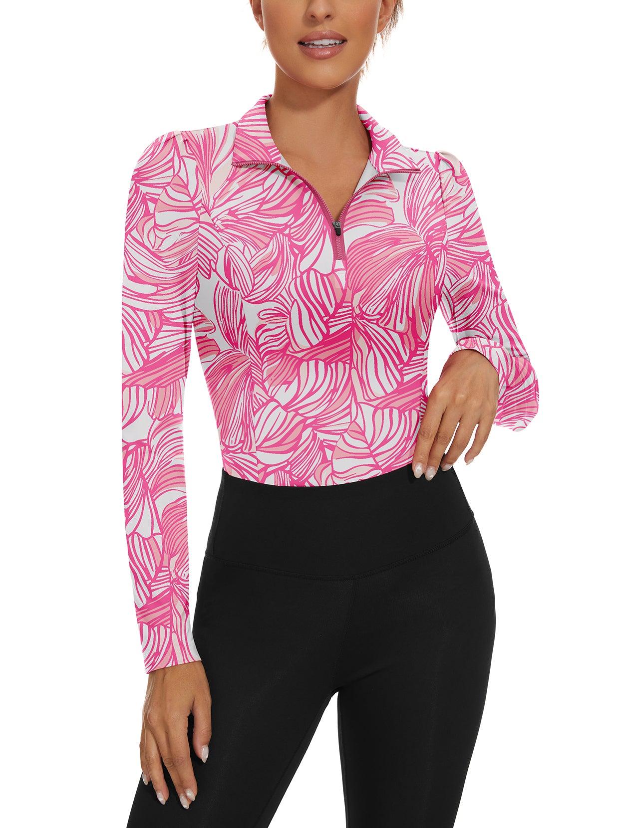 Pink Flowers Quarter-zip Long-sleeve Golf Shirt for Women