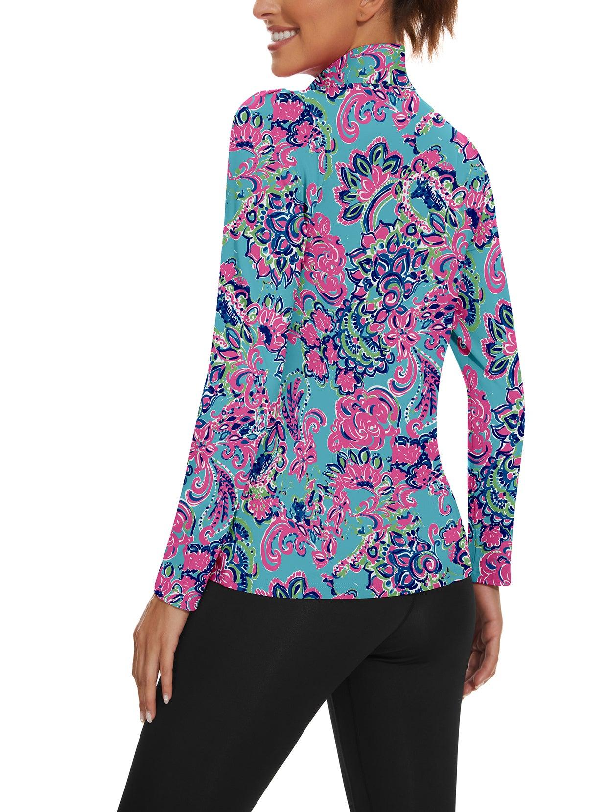 Ladies Long Sleeve Golf Polo- ⛳️SO® Blue and Pink Floral Long Sleeve Golf Polo Shirts Zip Up Moisture Wicking Cute Puff Sleeve Athletic Casual Work Tops