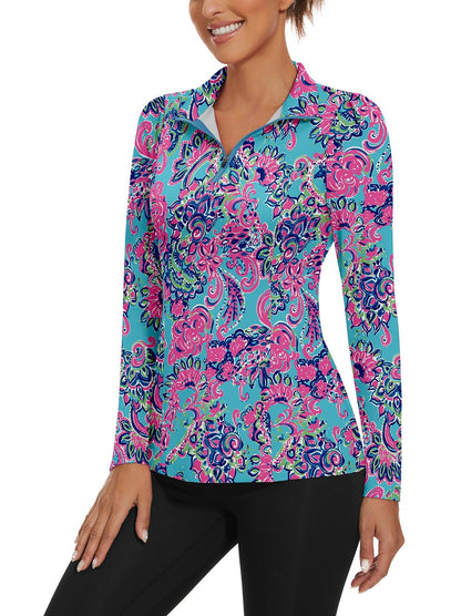 Ladies Long Sleeve Golf Polo- ⛳️SO® Blue and Pink Floral Long Sleeve Golf Polo Shirts Zip Up Moisture Wicking Cute Puff Sleeve Athletic Casual Work Tops