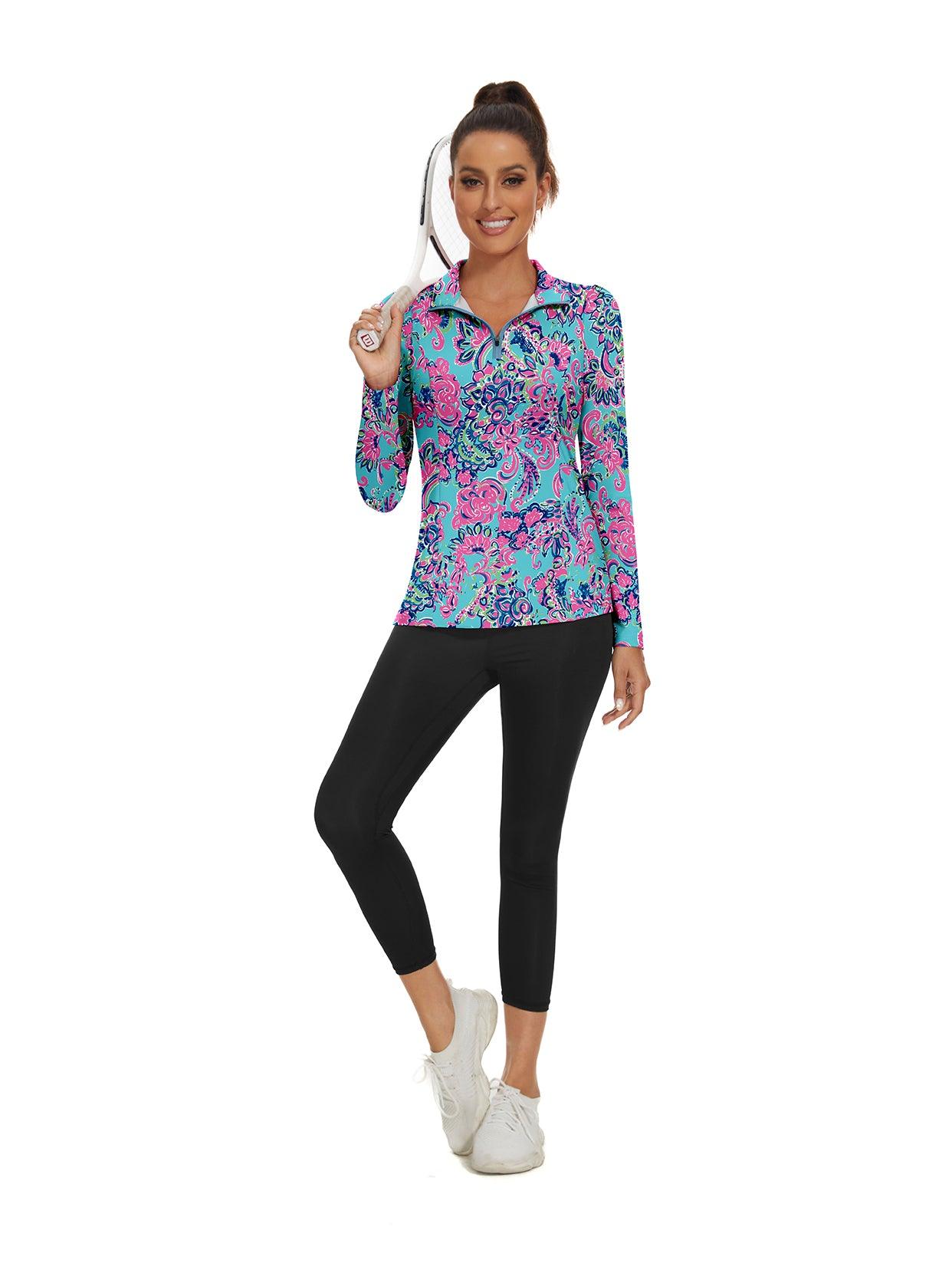 Ladies Long Sleeve Golf Polo- ⛳️SO® Blue and Pink Floral Long Sleeve Golf Polo Shirts Zip Up Moisture Wicking Cute Puff Sleeve Athletic Casual Work Tops