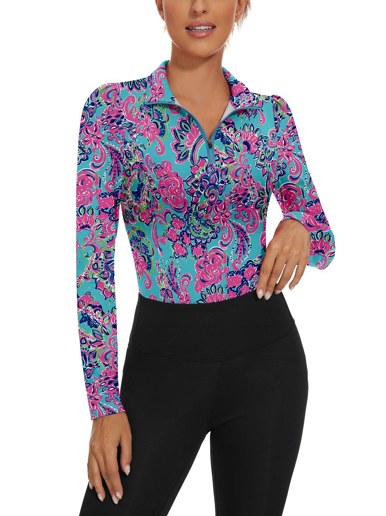 Ladies Long Sleeve Golf Polo- ⛳️SO® Blue and Pink Floral Long Sleeve Golf Polo Shirts Zip Up Moisture Wicking Cute Puff Sleeve Athletic Casual Work Tops