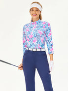 Flamingo Print Quarter-zip 3/4 Sleeve Shirt