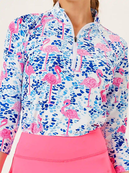 Flamingo Print Athletic Shirts Quarter-zip 3/4 Sleeve Shirt for Women