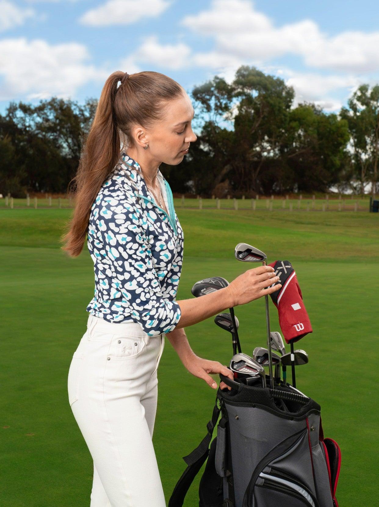 Blue and Green Leopard Quarter-zip 3/4 Sleeve Golf Polo Shirt for Women