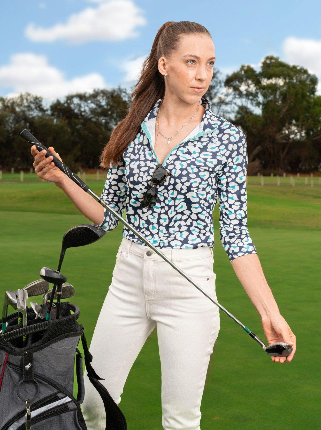 Leopard Quarter-zip 3/4 Sleeve Golf Polo Shirt for Women