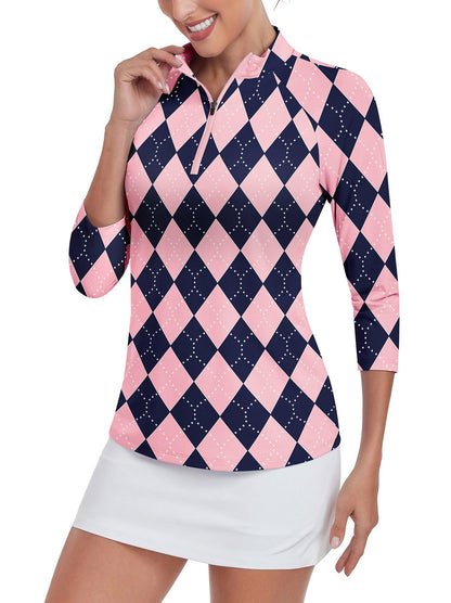 Pink and Blue Checkerboard 3/4 Sleeve Shirt for Women