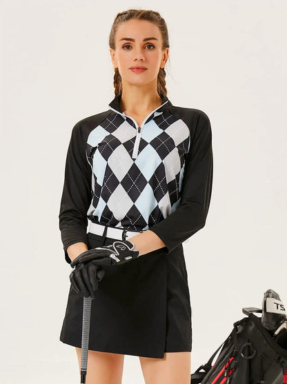 Black and Blue Checkerboard 3/4 Sleeve Shirt For Women