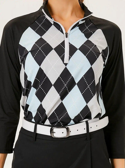 Black and Blue Checkerboard 3/4 Sleeve Shirt For Women