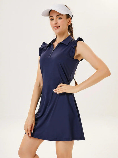 Solid Blue V-Neck Ruffle Sleeve Golf Dress with Shorts - Suitable for Tennis