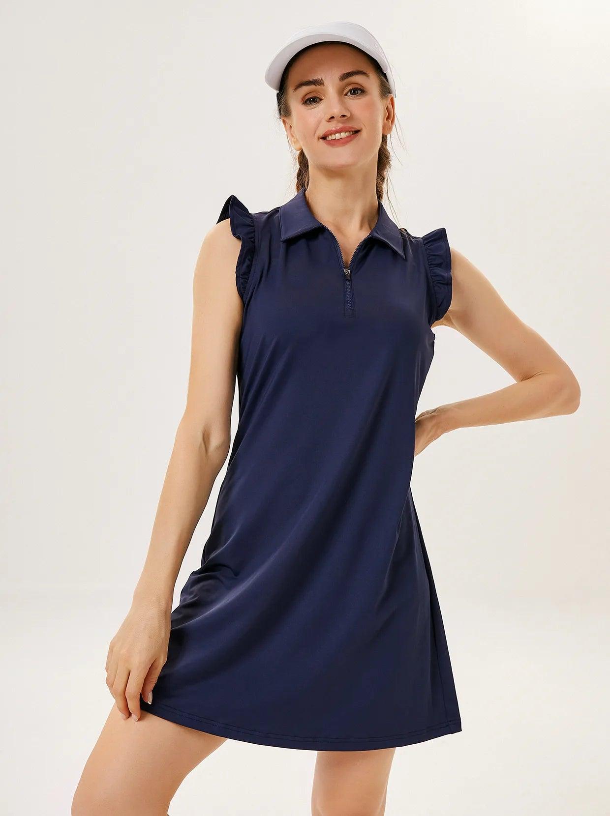 Blue V-Neck Ruffle Sleeve Golf Dress with Shorts