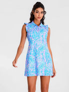 Blue Flower Ruffled Sleeveless Polo Tennis Dress With Shorts