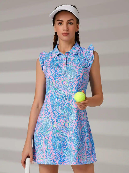 Blue Flower Printed Sleeveless Polo Tennis Dress