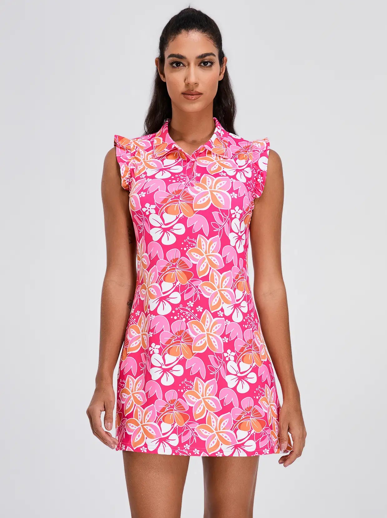 Red Floral 34" Ruffled Sleeveless Active Dress With Shorts