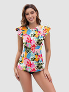Floral Ruffled Sleeveless Rash Guard with Built-in Bra 