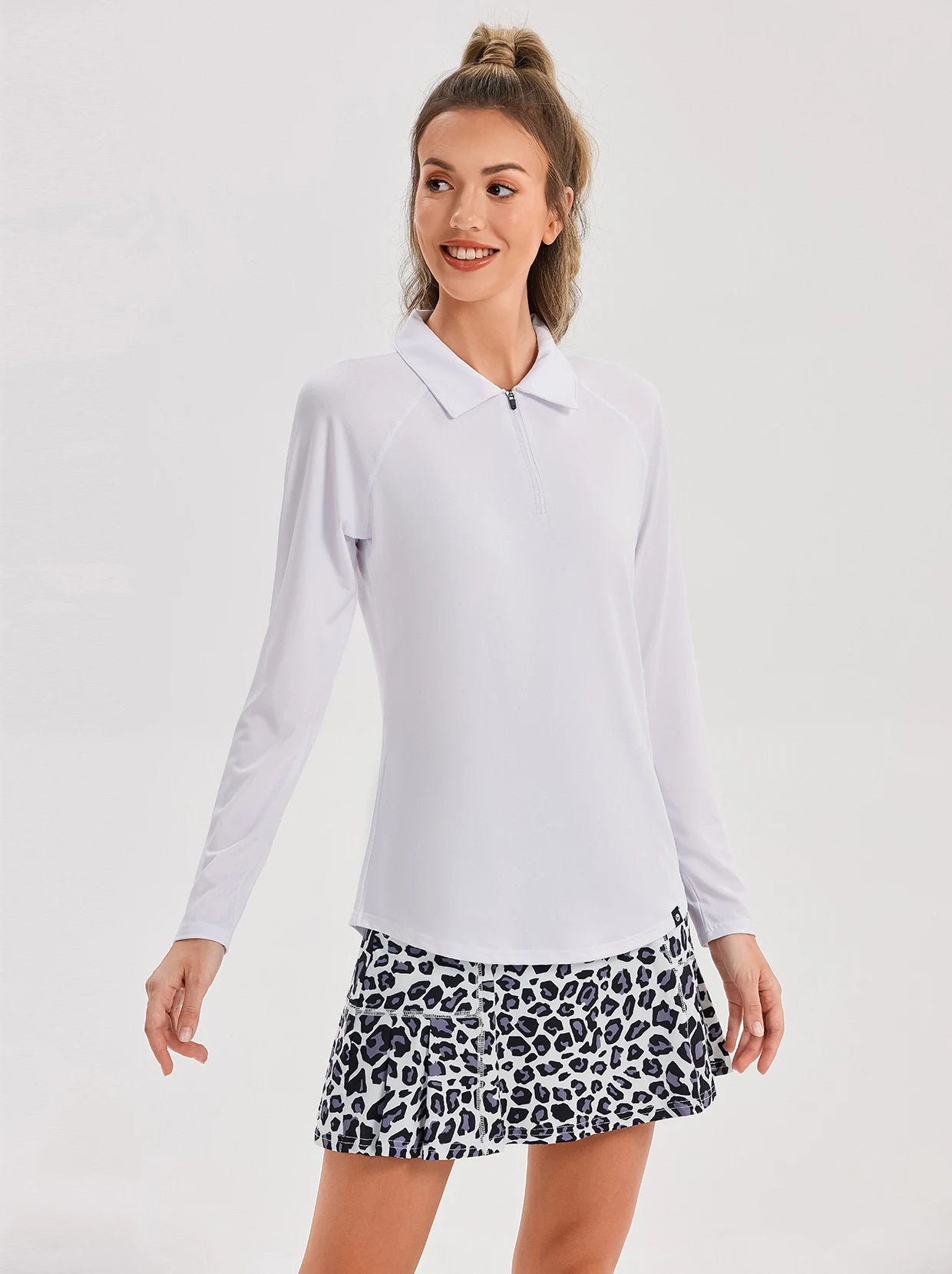 Solid White Long Sleeve Quarter Zipper Polo For Women