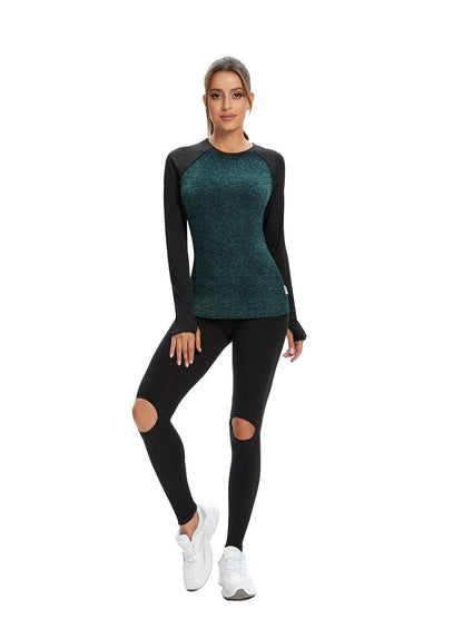 Women's Thermal-🌞SO®Black and Green Contrast Thermal Fleece Running Bottoming Shirt Compression Bottoming Shirt Quick Dry Workout Casual Pullover with Thumb Holes