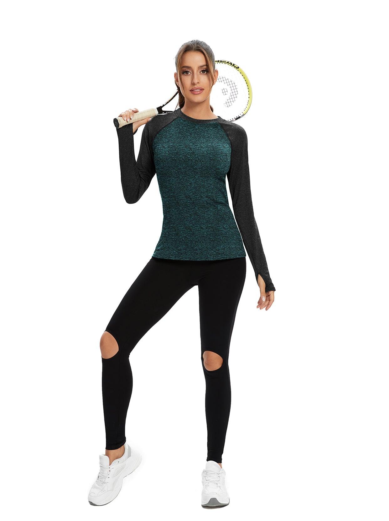 Women's Thermal-🌞SO®Black and Green Contrast Thermal Fleece Running Bottoming Shirt Compression Bottoming Shirt Quick Dry Workout Casual Pullover with Thumb Holes