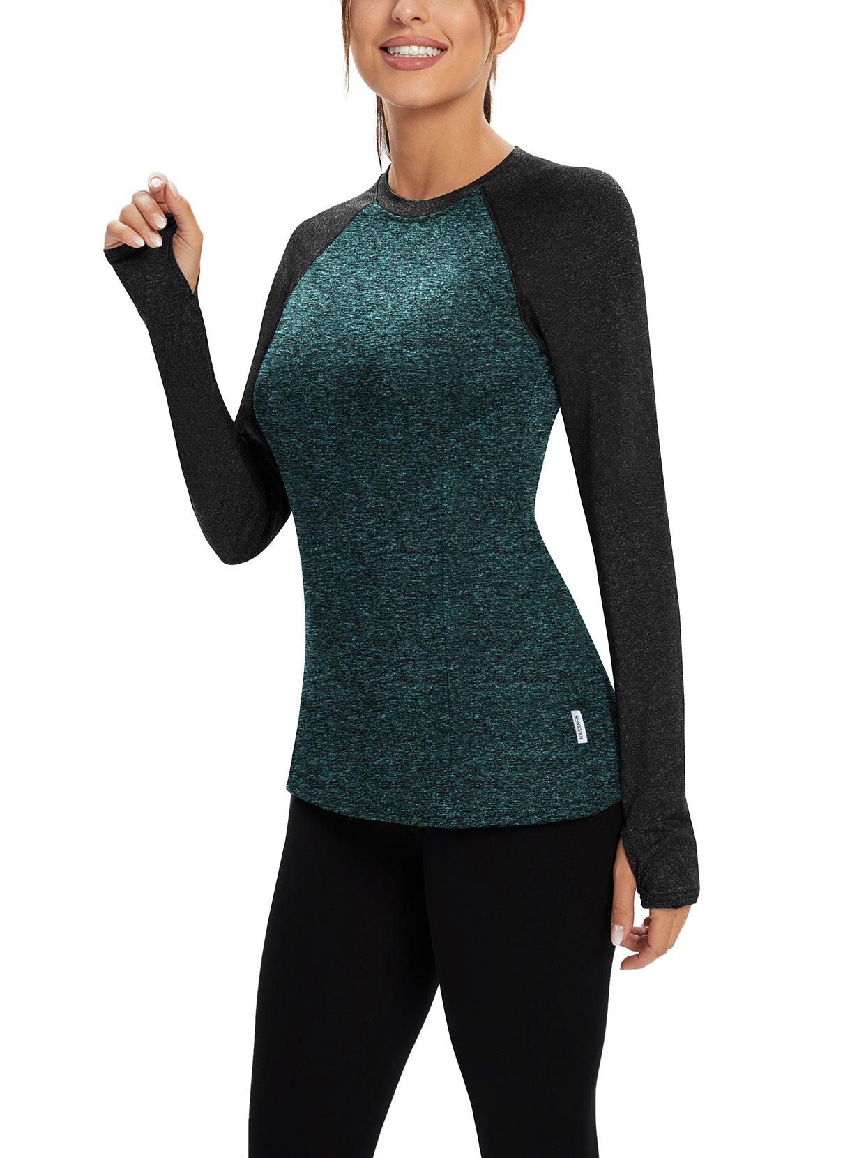 Women's Thermal-🌞SO®Black and Green Contrast Thermal Fleece Running Bottoming Shirt Compression Bottoming Shirt Quick Dry Workout Casual Pullover with Thumb Holes