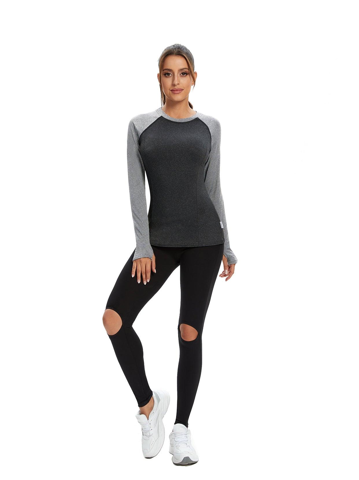 Women's Thermal-🌞SO® Black Gray Patchwork Thermal Fleece Running Bottoming Shirt Compression Bottoming Shirt Quick Dry Workout Casual Pullover with Thumb Holes